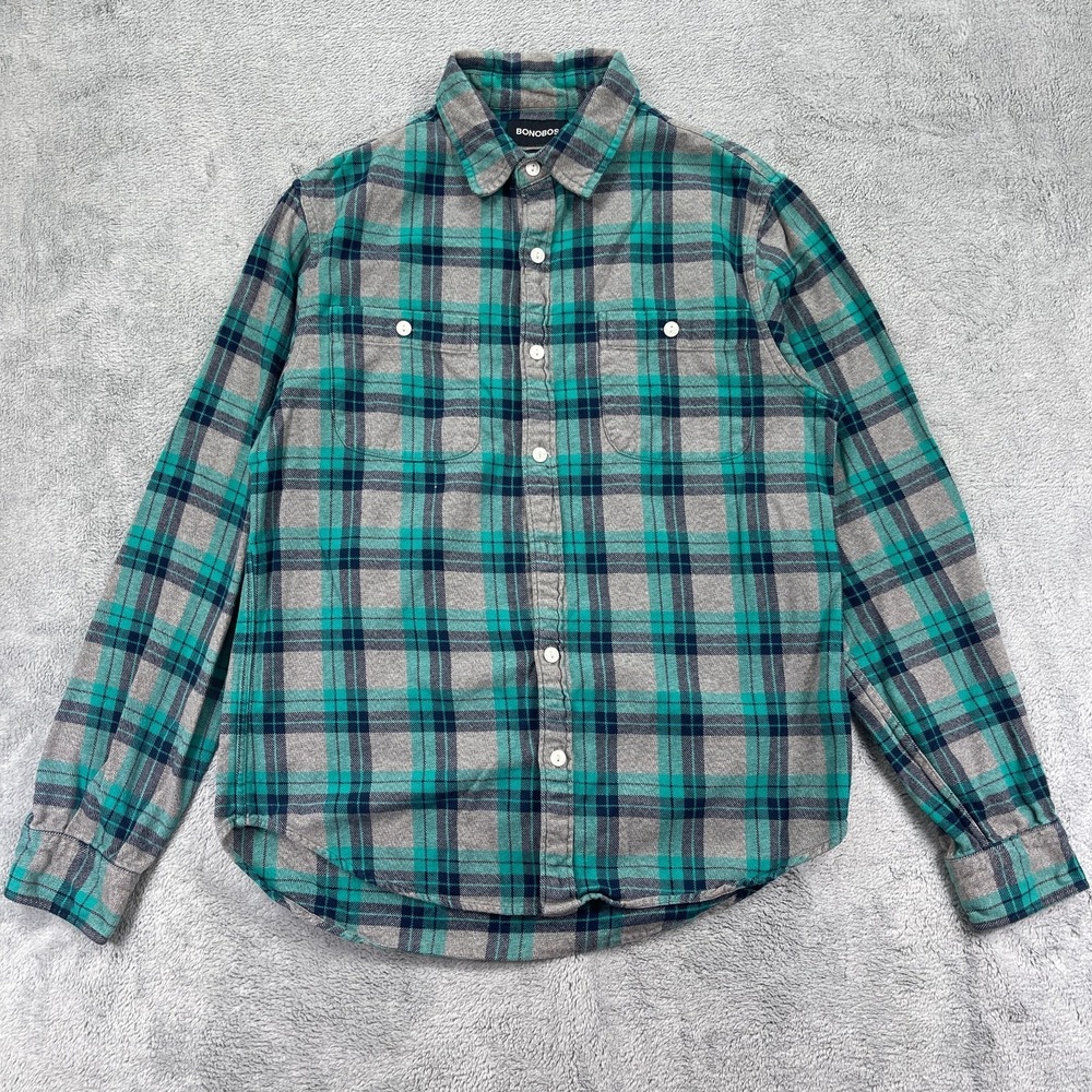 Bonobos Flannel Shirt Mens Medium Green Gray Plaid Cotton Standard Fit Button Up